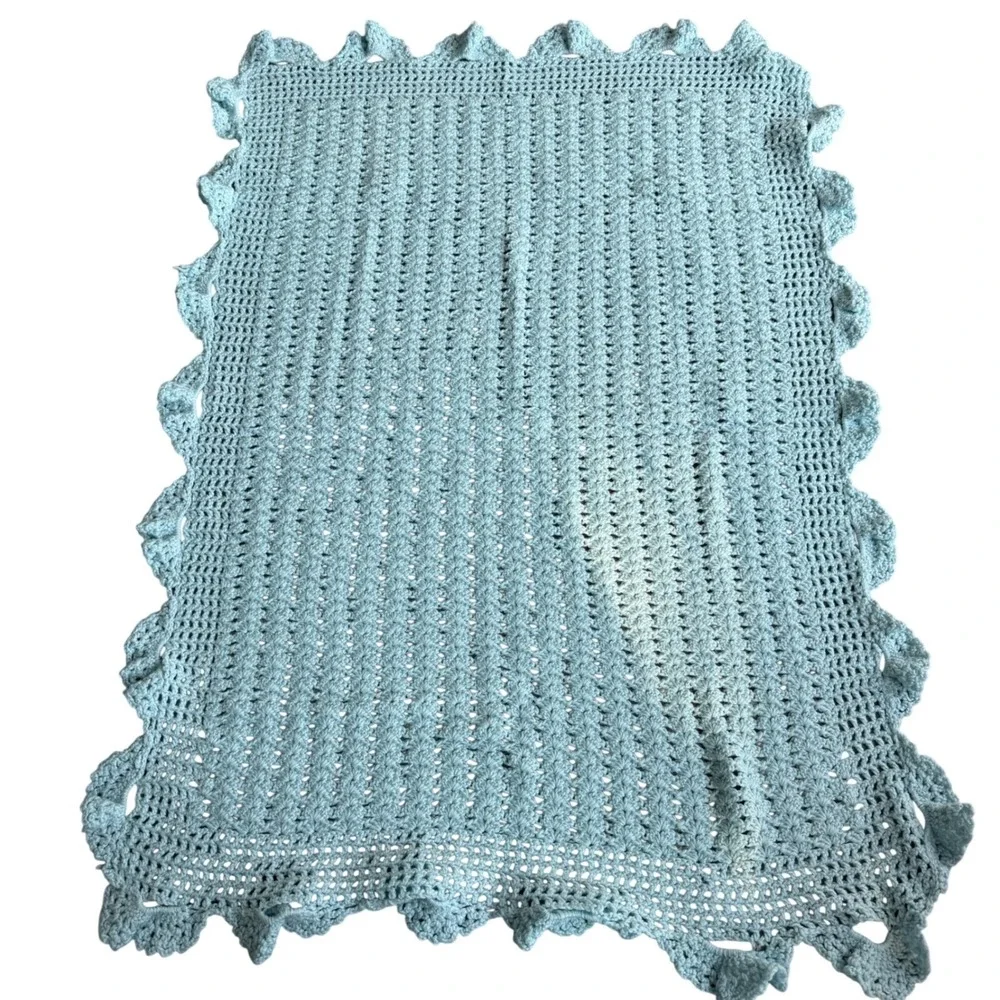 Baby Blanket Blue Ruffle Edge Hand Made Crib Nursery Bedding Vintage 1990's